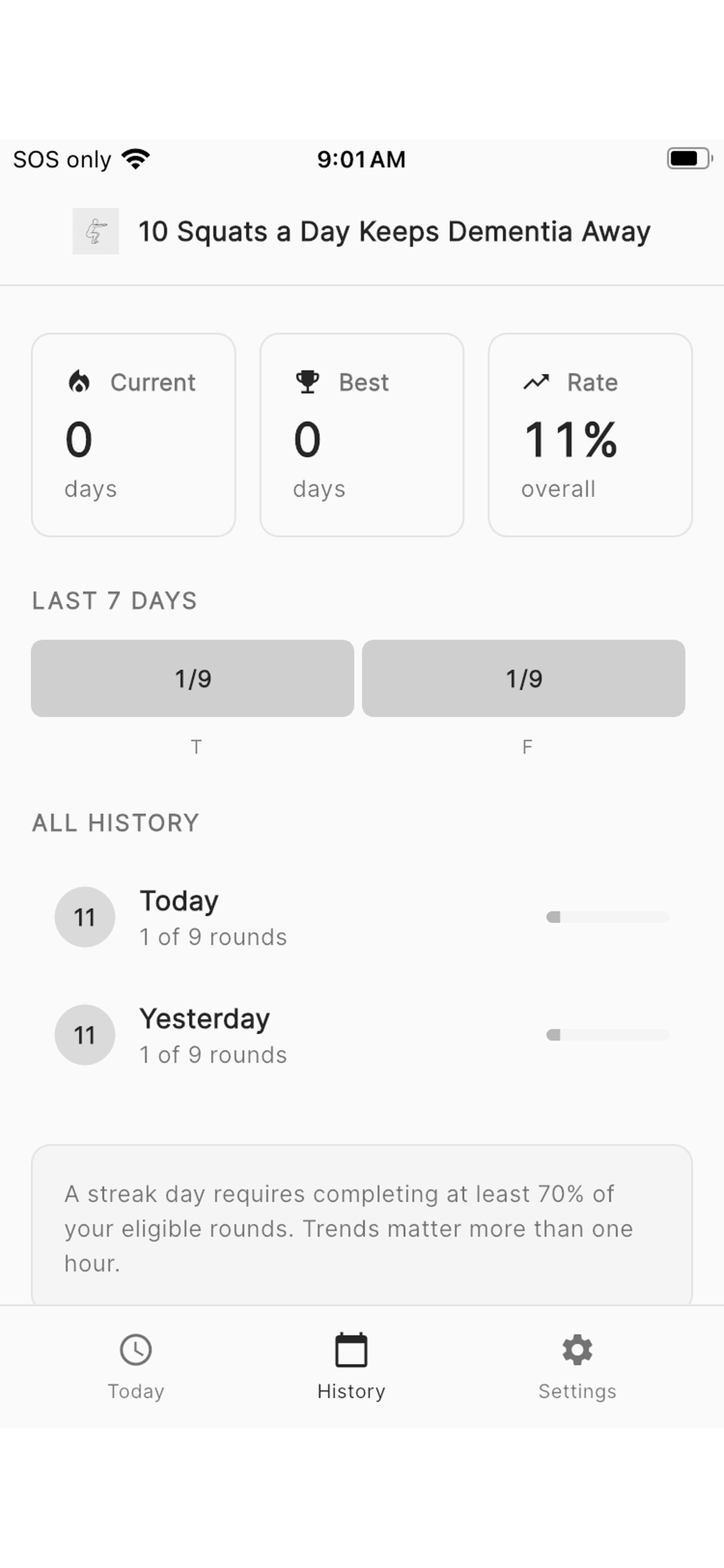 App screen showing today's squat check-ins.
